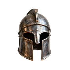 Detailed spartan helmet shows a symbol of ancient greek warfare on a white backdrop