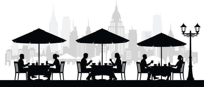 Outdoor cafe scene silhouette featuring people dining under umbrellas against a cityscape skyline on transparent background high quality professional detailed modern