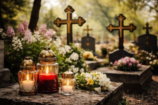 Candles and flowers on a tombstone in a cemetery, honoring the departed