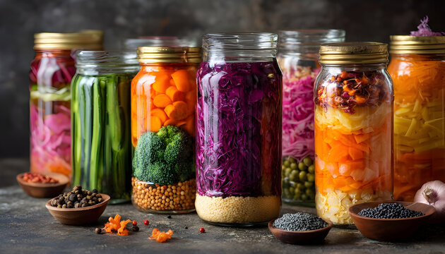 Assorted vibrant fermented foods neatly arranged in clear glass jars showcasing colorful vegetables grains and spices against a rustic kitchen background ideal for a healthy lifestyle scene