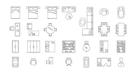 Obraz premium Top View Furniture Icons and Floor Plan Blueprint Elements for Interior Layout and Architectural Design