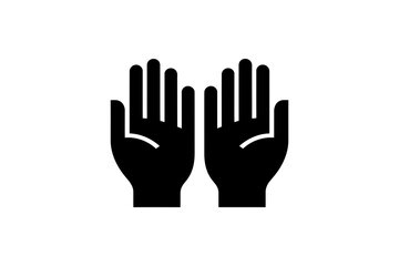 Obraz premium Hands icon showing raised open palms in black silhouette, minimalist vector symbol for help, support, prayer or applause featuring gesture, assistance, worship with blessing and praise elements for