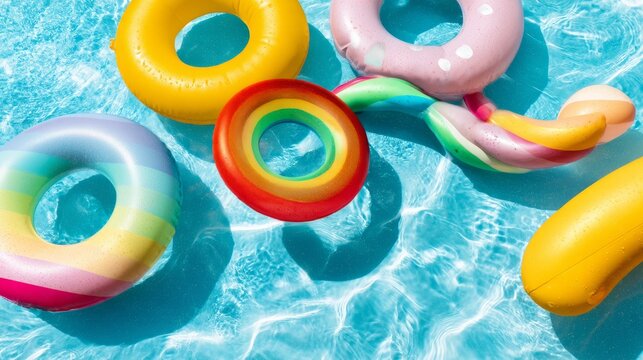 Colorful Pool Floats in a Bright Summer Setting with Water Reflections