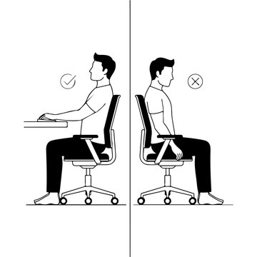 Comparison of Correct and Incorrect Sitting Posture at an Office Desk for Proper Ergonomics Illustration