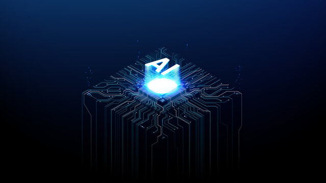 Futuristic AI microchip with glowing network connections. Isometric processor core on circuit board, advanced computing, big data and machine learning concept. Digital vector tech illustration