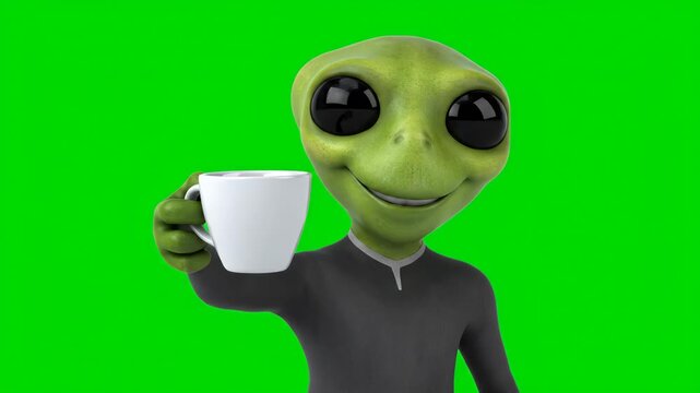 Friendly Alien Holding Coffee Cup on Green Screen Background