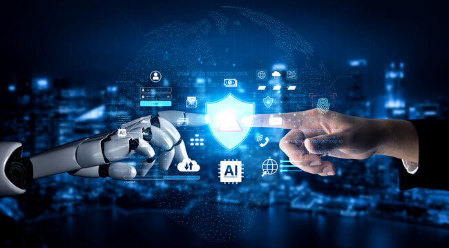 Cybersecurity concept featuring an AI detector scanning digital content for deepfakes and authenticity. Represents copyright protection, fake news prevention, and C2PA content credentials. Corpus