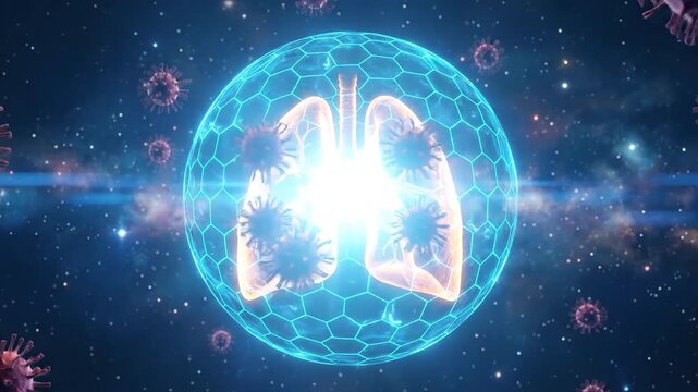 Human lungs protected within a glowing digital shield, surrounded by microscopic virus particles, suitable for medical illustration, health awareness, scientific research, immunology concept