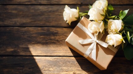 Fototapeta premium Romantic Gift Box with White Roses on Dark Wooden Surface Top