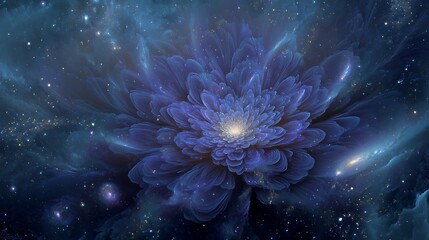 blooming cosmic flower made of galaxies and nebulae, petals radiating energy and light, representing the awakening of consciousness in the universe, deep-space background, fine art realism 