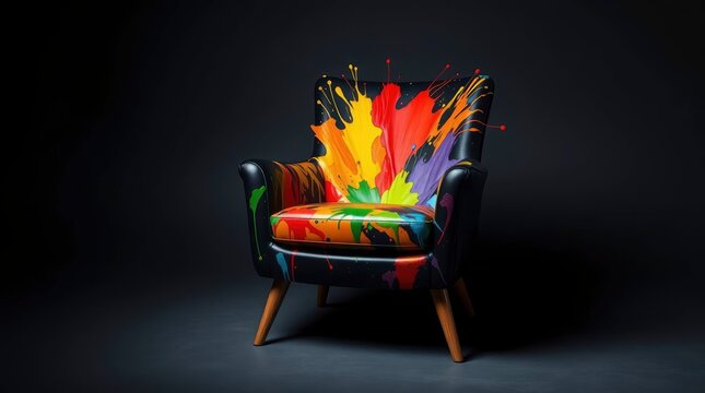 A vibrant armchair bursts with an explosion of rich, colorful paint splashes against a stark, dark background. Dynamic streaks and droplets of red, yellow, orange, green, blue, and purple pigments dra