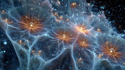 Fototapeta premium luminous cosmic seed floating among nebula gases, glowing roots of light expanding into space, metaphor of life’s beginning, fine art cosmic photography style, ultra-detailed lighting 