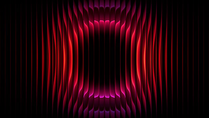 Fototapeta premium Circular gradient refracted through ribbed glass with luminous red magenta glow. Futuristic glowing circle behind vertical fluted glass for creative advertising, music cover, event flyer. 3d render