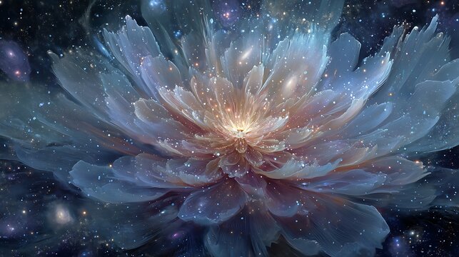 blooming cosmic flower made of galaxies and nebulae, petals radiating energy and light, representing the awakening of consciousness in the universe, deep-space background, fine art realism 