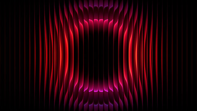 Circular gradient refracted through ribbed glass with luminous red magenta glow. Futuristic glowing circle behind vertical fluted glass for creative advertising, music cover, event flyer. 3d render