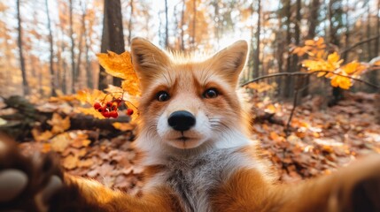 Fototapeta premium Adorable Fox Taking a Selfie in a Colorful Autumn Forest Setting