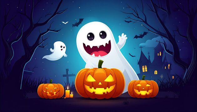 Halloween scene with ghosts, lit pumpkins, bats flying near a dark, silhouetted haunted house and spindly trees