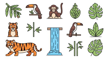Fototapeta premium Jungle animals and elements vector illustrations with colorful outlines