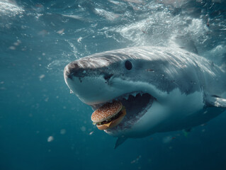 Naklejka premium An oceanic great white shark eats a hamburger