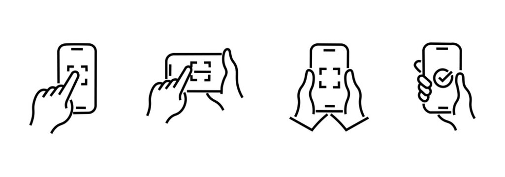 QR code scanner icon set. Hand holding mobile phone symbol. Simple line icon style, barcode scanner for payment. Illustration.