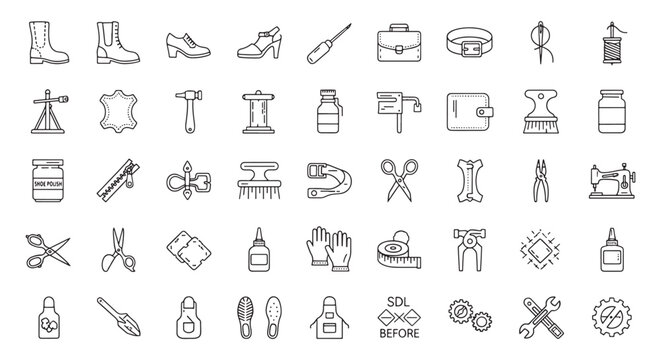 Shoe Repair and Cobbler Tools Icon Set &mdash; Leathercraft, Footwear Repair, Sewing and Maintenance Symbols