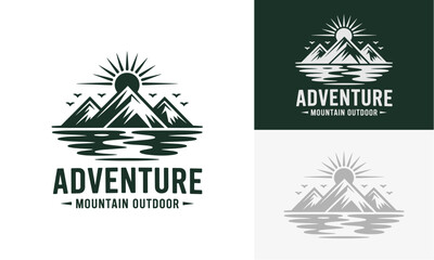 Mountainous landscape illustration with serene water and sunrise design elements for outdoor adventure themes ©  Canella_std