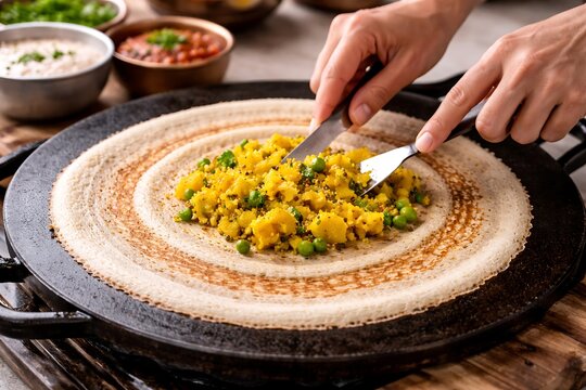 Indian masala dosa being prepared on hot pan