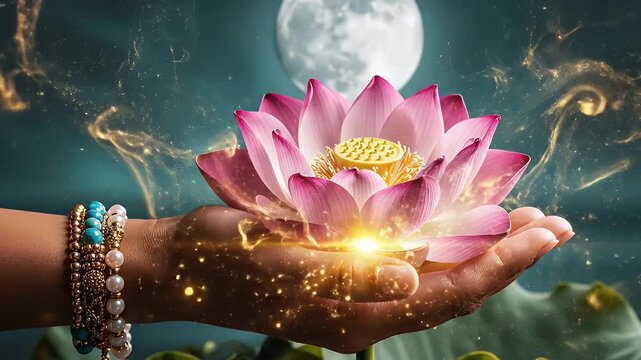 Communion of Light: Hands Cradling a Glowing Pink Lotus Amid Cosmic Orbs and Moonlight
