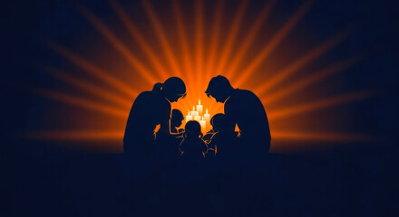 Silhouettes of a family sitting in a circle near candles