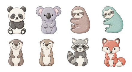 Fototapeta premium Cartoon animals collection panda koala sloth otter raccoon and fox illustrations