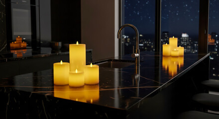 Warm yellow candles glowing on a modern kitchen countertop at night  
