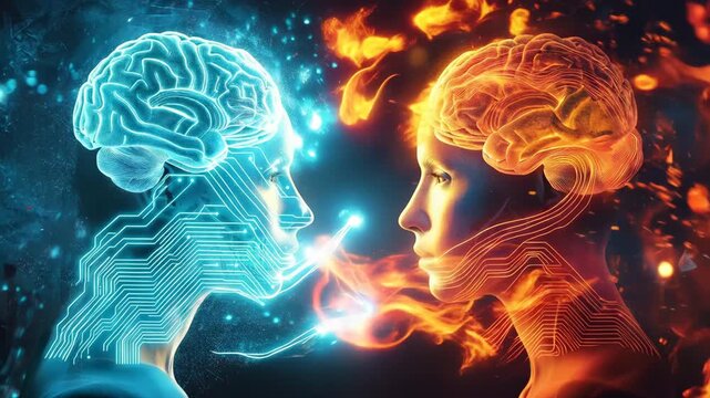 Artificial intelligence vs human mind concept with glowing neural networks and circuit profiles in blue and orange 4k video
