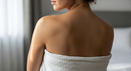 Young woman relaxing with a towel in bright hotel room  