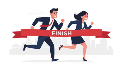 Business partnership and teamwork concept with professional man and woman in suits running together to cross the finish line ribbon, achieving success and corporate goals, vector illustration. © MDAktaruzzaman