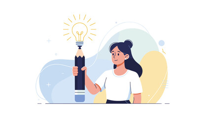 Young Woman Holding a Large Pencil with a Glowing Lightbulb on Top, Concept of Creative Thinking, Innovative Ideas, Inspiration, Education, and Artistic Design in a Modern Flat Vector Illustration © MDAktaruzzaman