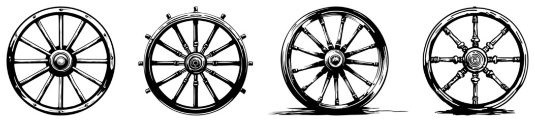 Collection of old wooden wagon wheels in vintage sketch style © AdrianGebert