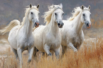 Obraz premium White Arabian horses stampede