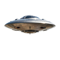 Classic ufo hovers silently against a stark white backdrop