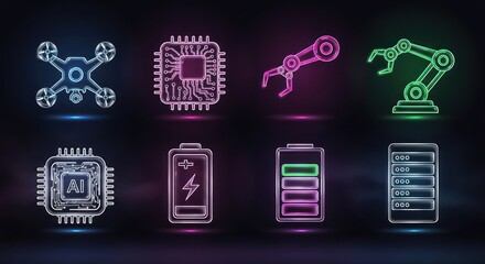 Neon tech icons drone processor robotic arm battery symbols