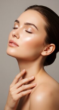 A radiant woman with a serene expression, showcasing her luminous and healthy skin, reflecting a glow of natural beauty and profound well-being, emphasizing timeless elegance and dermal vitality
