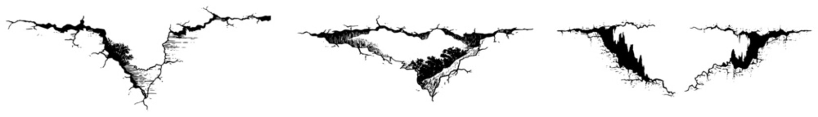 Set of hand drawn ground cracks with vegetation showing earth cross sections © AdrianGebert