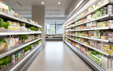 Fototapeta premium Sleek Interior of Modern Grocery Store with Organized Shelves