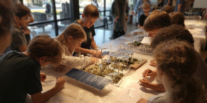 Children work together on a project about renewable energy at a community event
