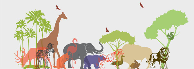 Fototapeta premium safari wildlife animals together. Large group of African fauna background