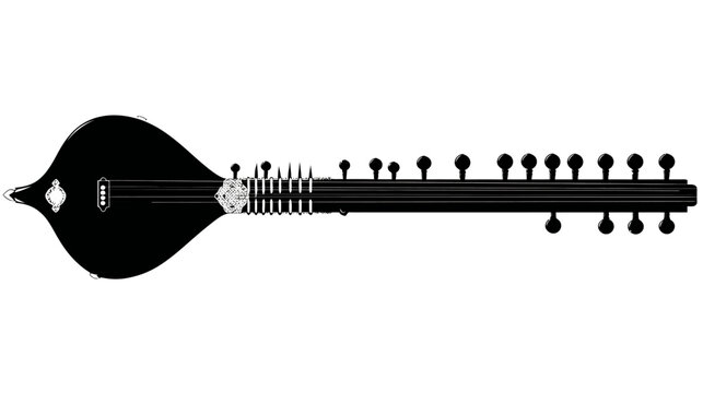 Black and white illustration of a long-necked plucked string instrument, a sitar, on a white background