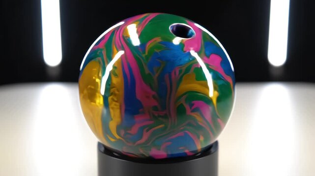 3D animation of colorful metallic liquids pouring and swirling to form a marbled bowling ball