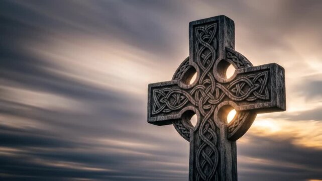 Intricate celtic cross stone monument standing against a dynamic sky with the sun setting, symbolizing faith and remembrance