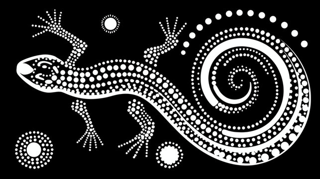 Stylized, monochromatic illustration of a lizard with a spiral tail on a black background