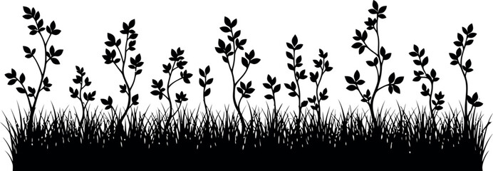 Black silhouette of tall grass with delicate branches and leaves, creating a natural border. © SAIFUL