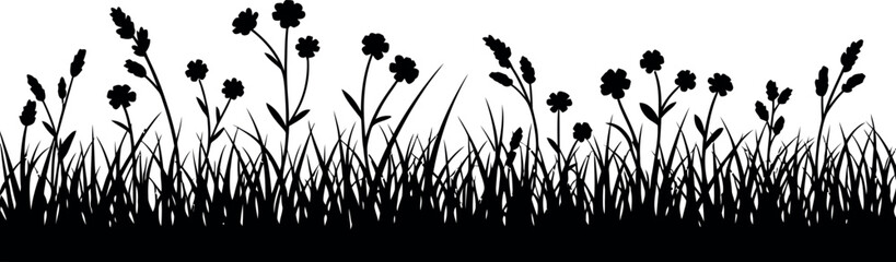 Silhouette of a grassy border with delicate wildflowers and seed heads, suitable for design elements. © SAIFUL